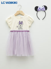 LC Waikiki Ecru Crew Neck Short Sleeve Minnie Mouse Printed Baby Girl Dress and Crown 2-Piece Set