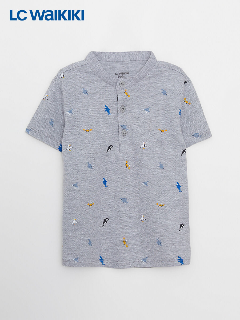 LC Waikiki Gray Mandarin Collar Short Sleeve Printed Cotton Baby Boy T-Shirt