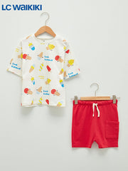 LC Waikiki Ecru Crew Neck Short Sleeve Printed Baby Boy T-Shirt and Shorts 2-Piece Set