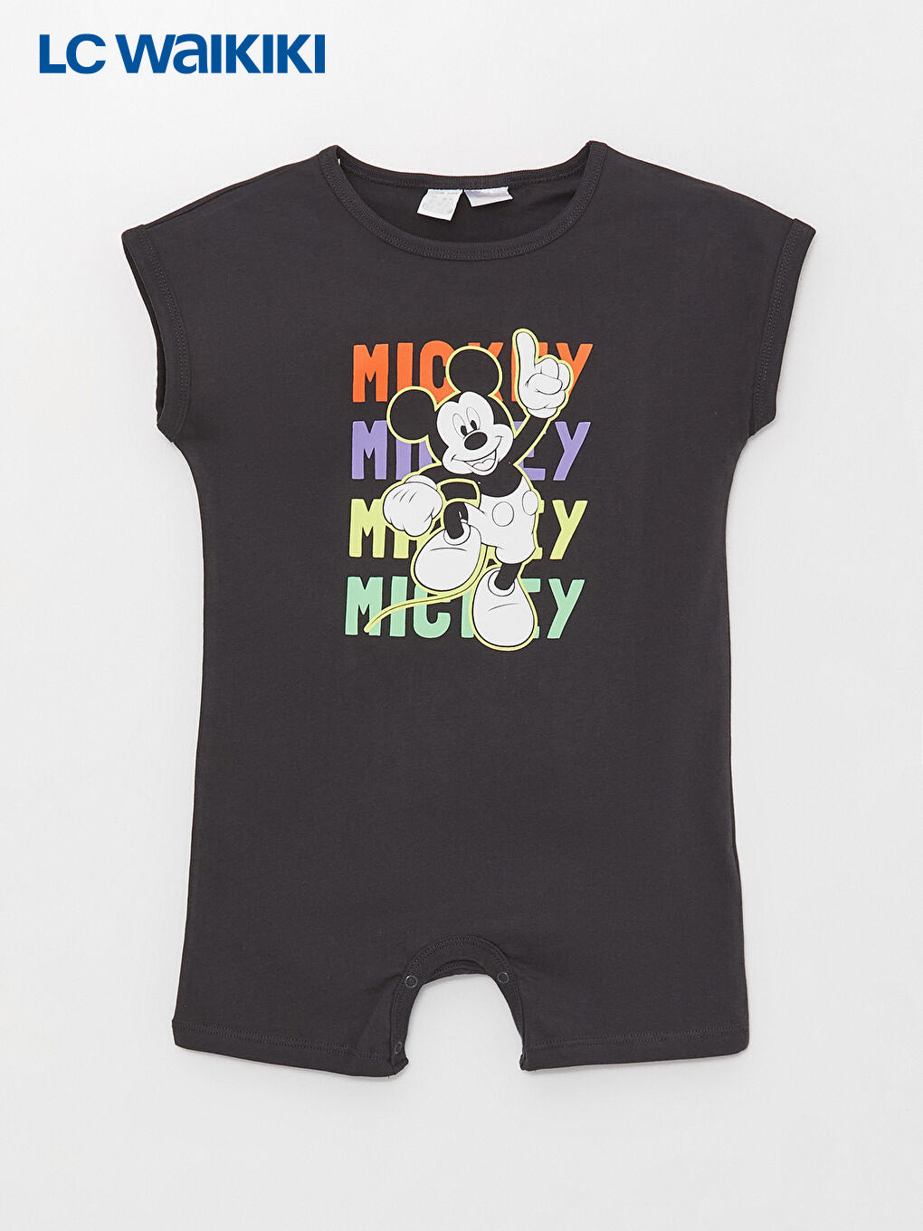 LC Waikiki Anthracite Crew Neck Short Sleeve Mickey Mouse Printed Baby Boy Jumpsuit