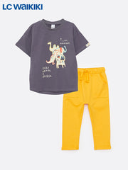 LC Waikiki Anthracite Crew Neck Short Sleeve Printed Baby Boy T-Shirt and Pants 2-Piece Set