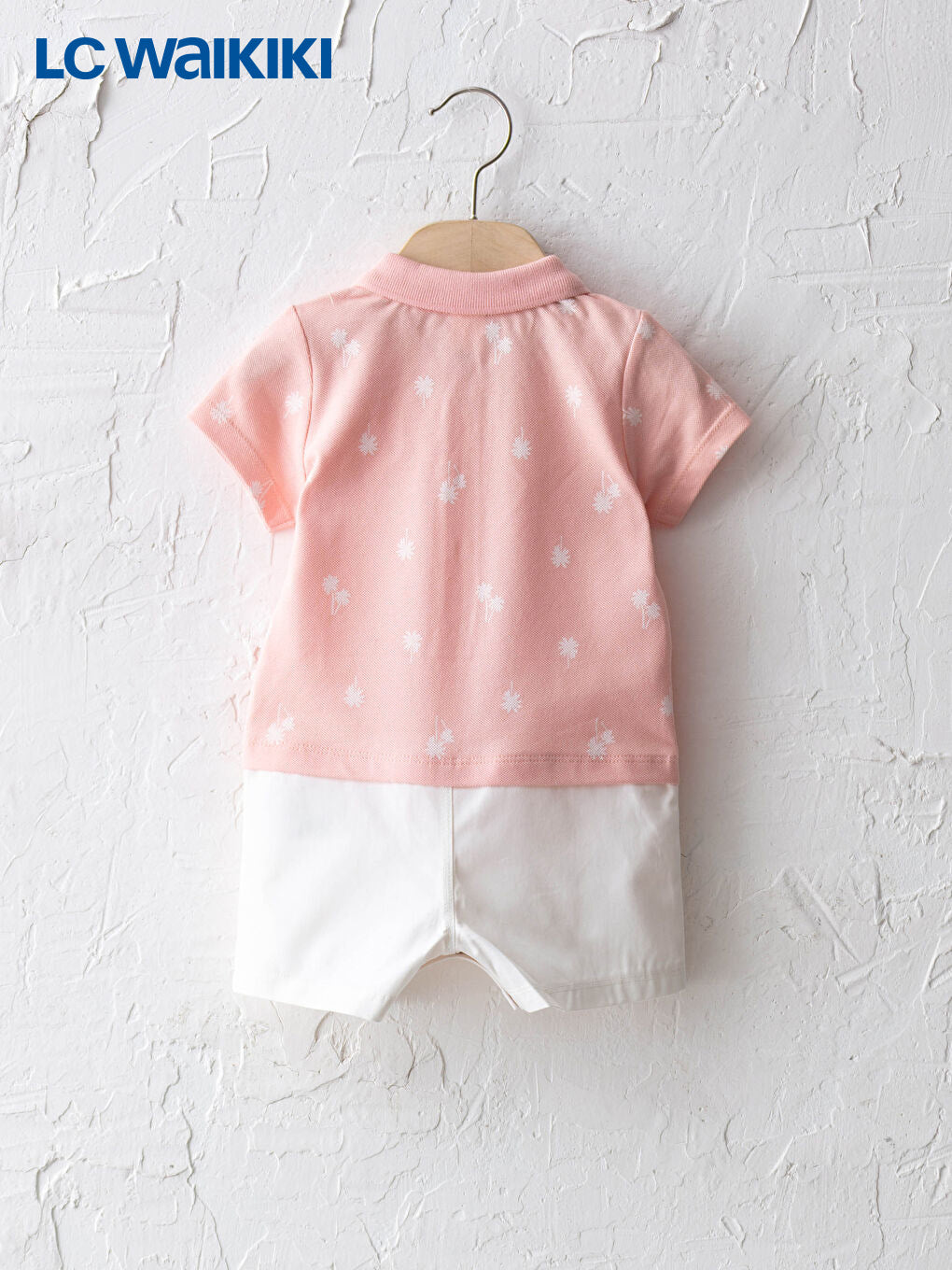 LC Waikiki Pink Polo Collar Color Block and Printed Baby Boy Cotton Overalls