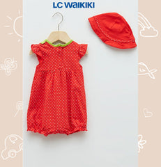 LC Waikiki Crew Neck Short Sleeve Printed Baby Girl Jumpsuit and Hat 2-Piece Set