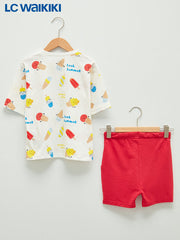 LC Waikiki Ecru Crew Neck Short Sleeve Printed Baby Boy T-Shirt and Shorts 2-Piece Set