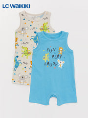 LC Waikiki Turquoise Crew Neck Printed Baby Boy Jumpsuit 2-Pack