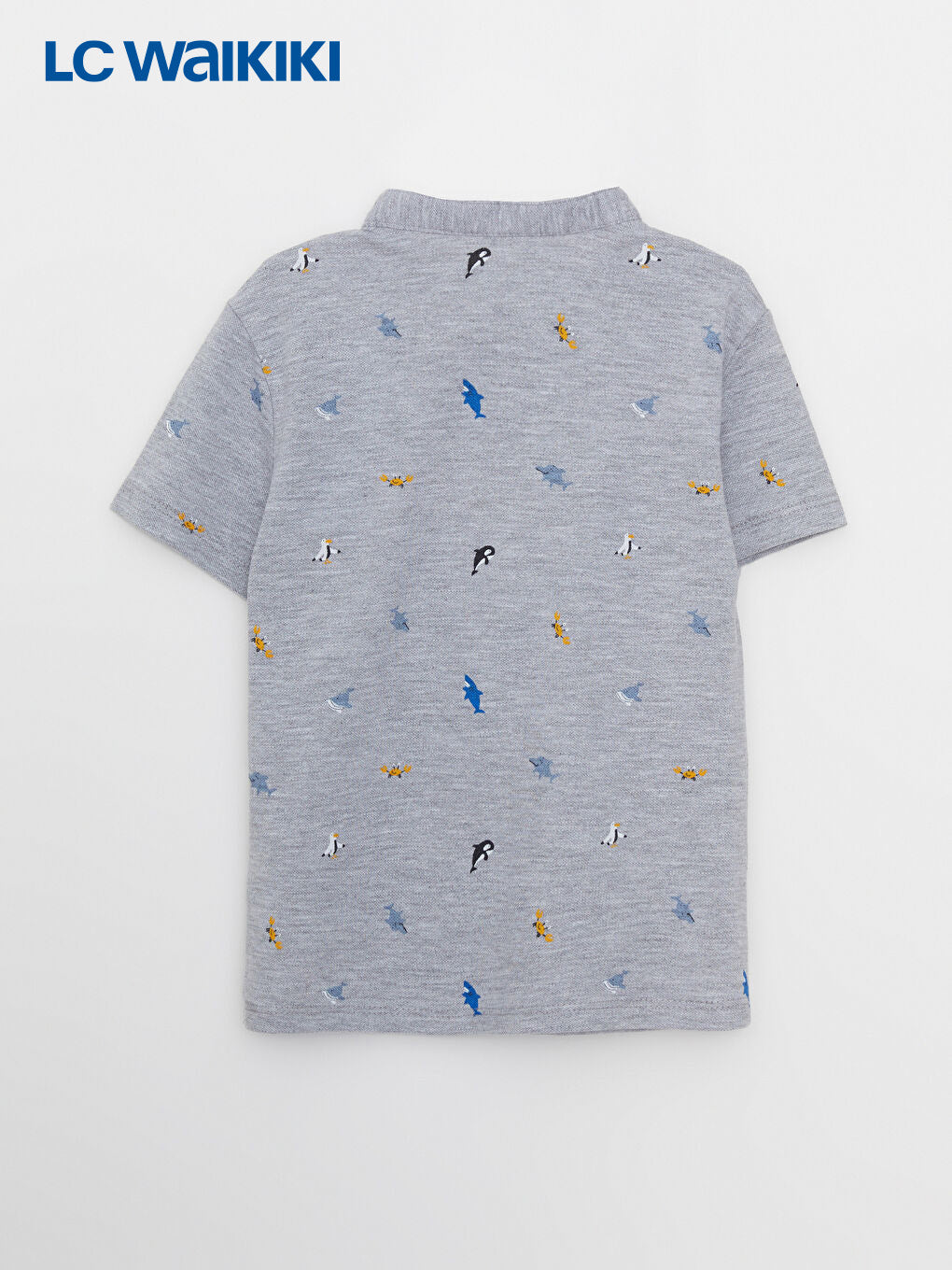 LC Waikiki Gray Mandarin Collar Short Sleeve Printed Cotton Baby Boy T-Shirt