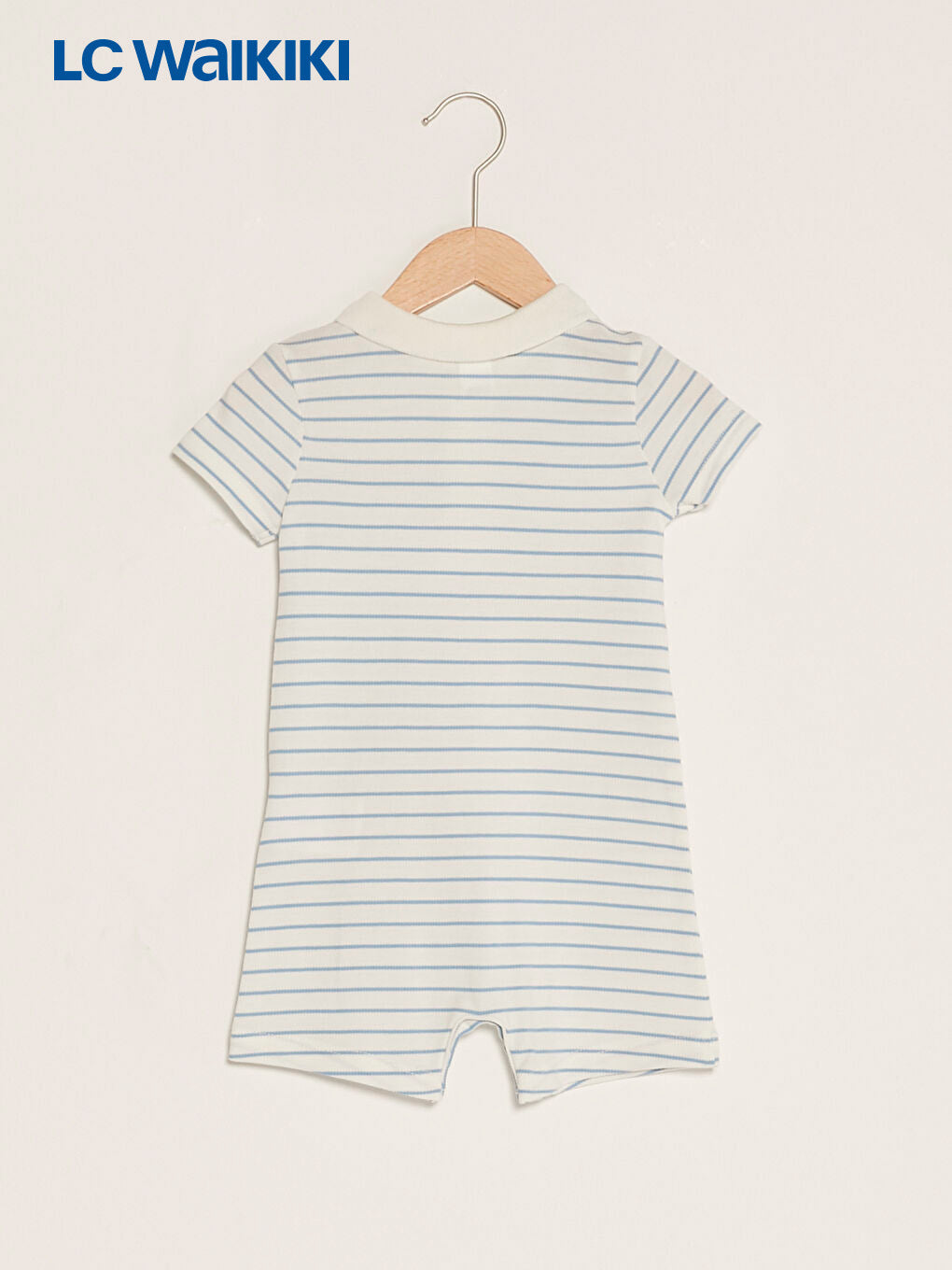 LC Waikiki Ecru Polo Neck Short Sleeve Striped Baby Boy Jumpsuit