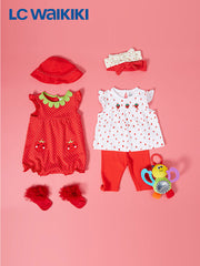 LC Waikiki Crew Neck Short Sleeve Printed Baby Girl Jumpsuit and Hat 2-Piece Set