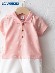 LC Waikiki Pink Polo Collar Color Block and Printed Baby Boy Cotton Overalls