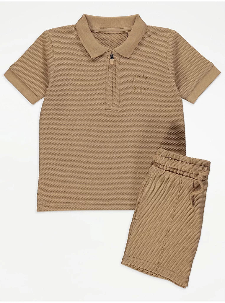 New Generation Tan Textured Zip Up Polo Top