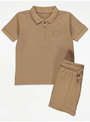 New Generation Tan Textured Zip Up Polo Top